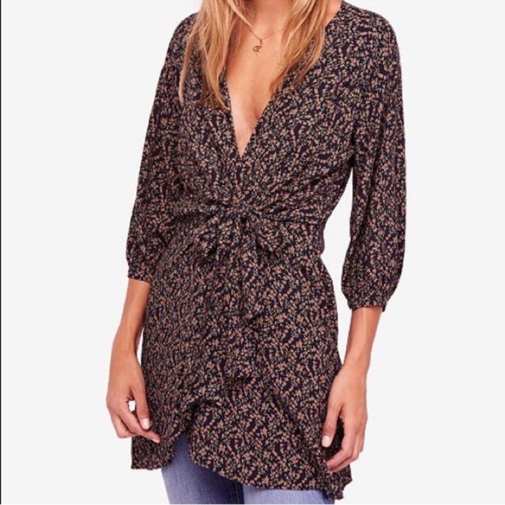 Free People Black Floral Tie-Waist Tunic